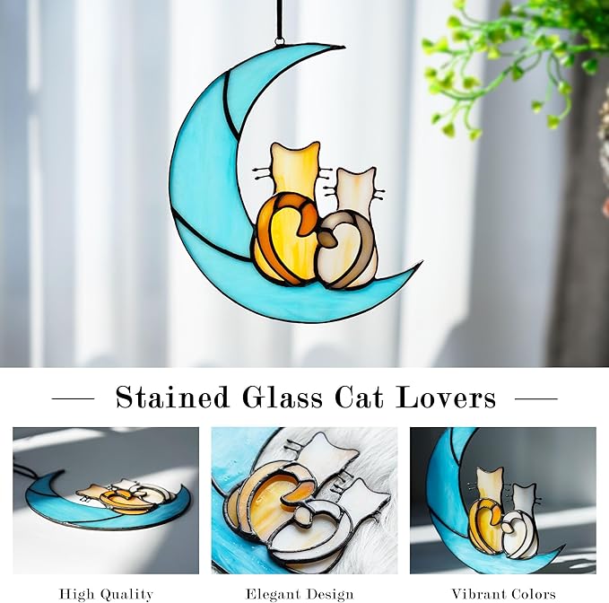 HDCRYSTALGIFTS 6.5'' Valentine’s Day Gift, Cat Lovers Stained Glass Window Hanging Sun Catcher Gifts for Women/Girls, Glass Couple Cat Sitting on Moon Suncatcher for Window, Wall Home Decor