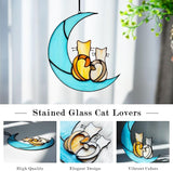 HDCRYSTALGIFTS 6.5'' Valentine’s Day Gift, Cat Lovers Stained Glass Window Hanging Sun Catcher Gifts for Women/Girls, Glass Couple Cat Sitting on Moon Suncatcher for Window, Wall Home Decor