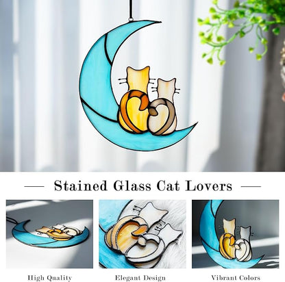 HDCRYSTALGIFTS 6.5'' Valentine’s Day Gift, Cat Lovers Stained Glass Window Hanging Sun Catcher Gifts for Women/Girls, Glass Couple Cat Sitting on Moon Suncatcher for Window, Wall Home Decor