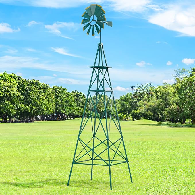 DREAMADE 8ft Steel Windmill, Farmhouse Windmill Decoration with Directional Vane, 4 Anchoring Stakes & Reinforced Base, Weather-Ready Garden Spinner for Backyard, Garden, Patios, Rural Areas (Green)