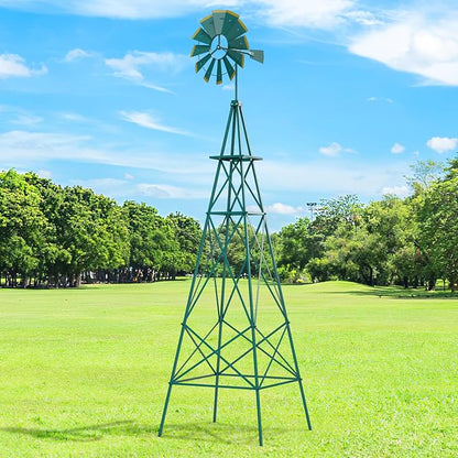 DREAMADE 8ft Steel Windmill, Farmhouse Windmill Decoration with Directional Vane, 4 Anchoring Stakes & Reinforced Base, Weather-Ready Garden Spinner for Backyard, Garden, Patios, Rural Areas (Green)