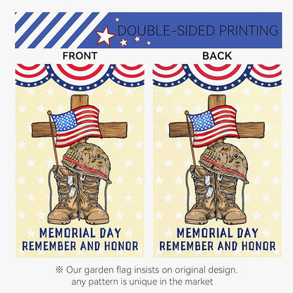 Memorial Day Garden Flag Veteran Burlap Double-sided Yard Flag Patriotic Boots Remember And Honor Brave Garden Flags Independence Day American House Banner Outdoor Decorations 12x18 Inch