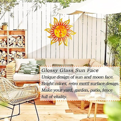 Metal Sun Wall Art Decor,12 Inch Retro Hanging Decor With Glass,Sun Face Valentine Wall Decorations For Patio Yard Garden Fence Living Room Bedroom