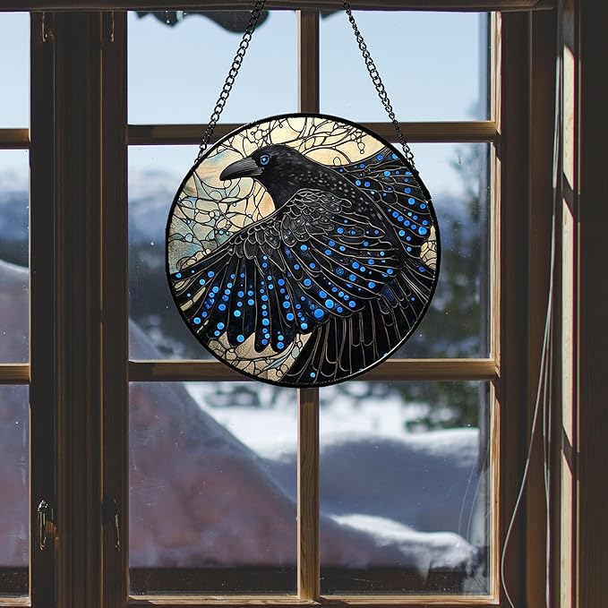 Stained Glass Window Hanging - Black Crow Big Wings Suncatcher for Doors Garden Patio Bird Sun Catchers Decor Christmas Mother's Day Birthday Gifts for Women Men Mom Nana Friend 15 in