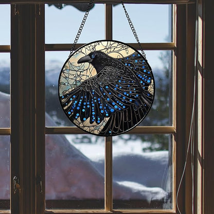 Stained Glass Window Hanging - Black Crow Big Wings Suncatcher for Doors Garden Patio Bird Sun Catchers Decor Christmas Mother's Day Birthday Gifts for Women Men Mom Nana Friend 9.8 in