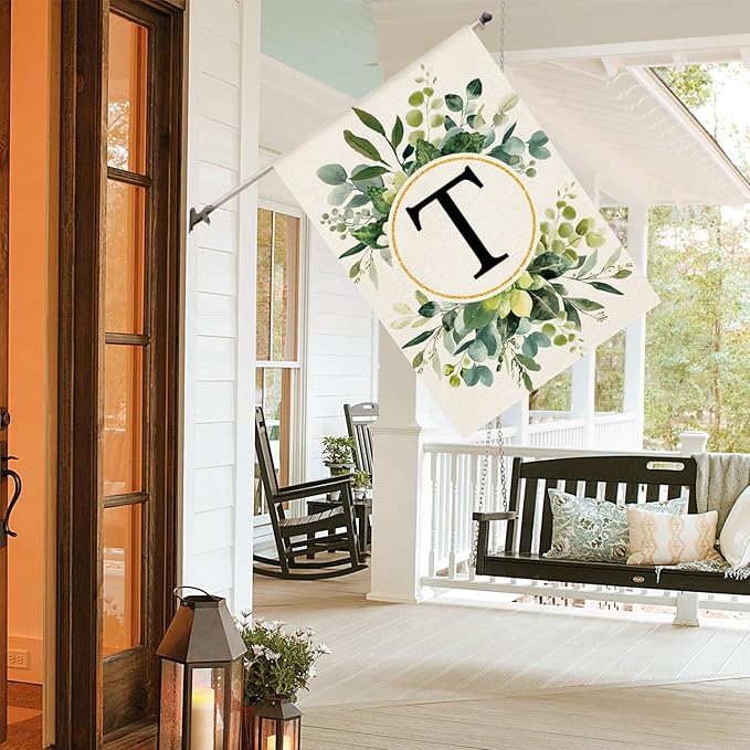 AVOIN colorlife Monogram Letter T Floral House Flag 28x40 Inch Double Sided Outside, Family Last Name Initial Yard Outdoor Decoration