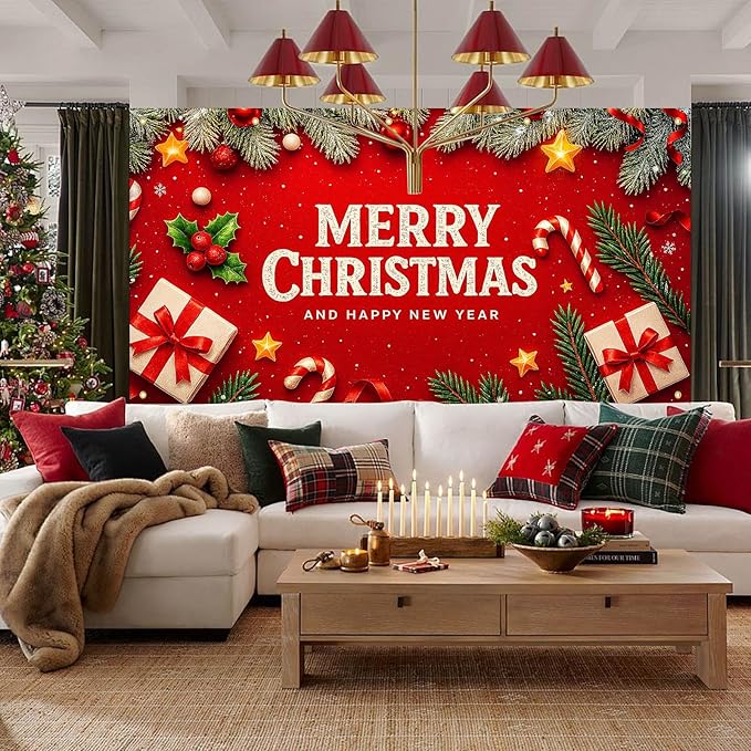 HOMETITUTE Christmas Door Banner 13x6ft Holiday Porch Decoration Red Background Merry Christmas And Happy New Year Pine Branches Ornaments Gifts Winter Seasonal Front Door Cover Wall Decor