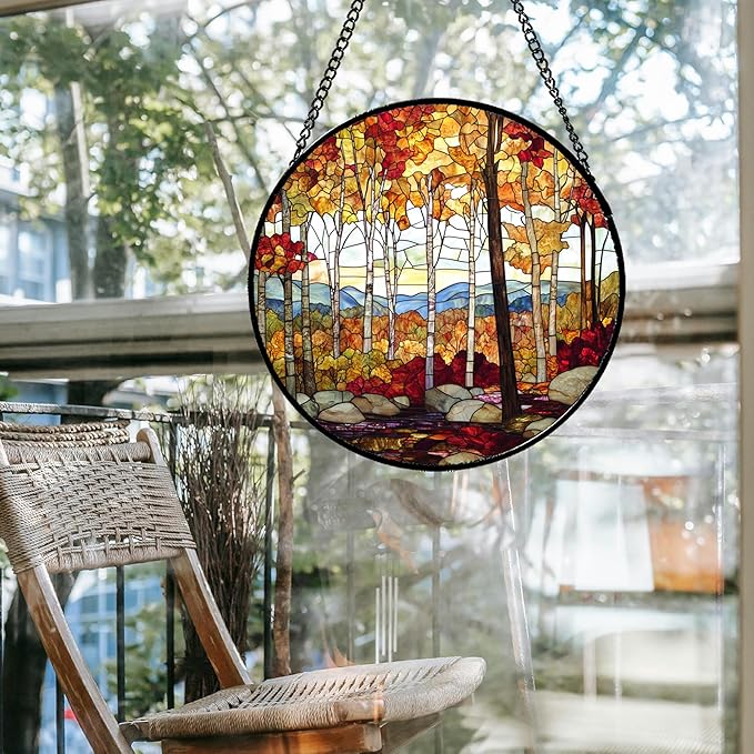 Stained Glass Window Hanging Fall Birch Tree Forest Scenery 9.8" - Suncatcher Door Garden Sun Catcher Home Decor Birthday Christmas for Mom Men Woman Friend Nana