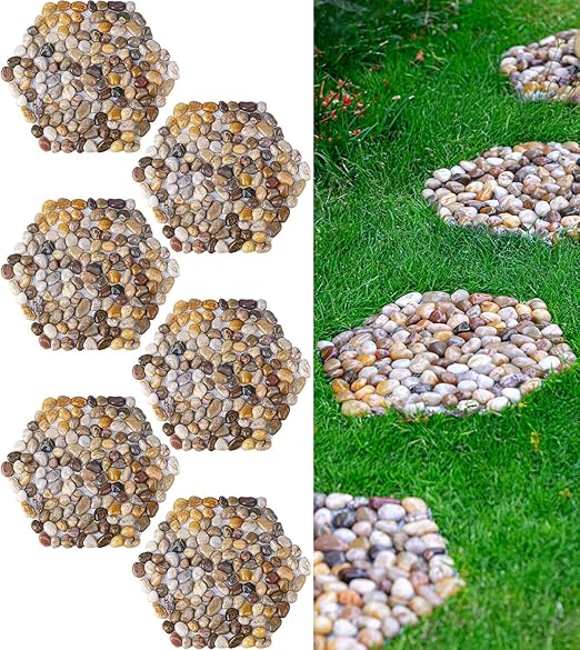Qualdout River Rocks Stepping Stones Pavers Outdoor for Garden Walkway, Pebbles Polished Gravel for Yard Lawn Patio Pathway Landscaping, Set of 6 (Hexagon)