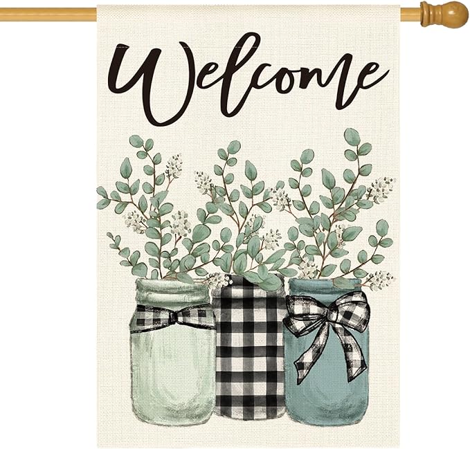 AVOIN colorlife Eucalyptus Mason Jar Spring Summer House Flag 28x40 Inch Double Sided Outside, Buffalo Plaid Welcome Yard Outdoor Flag