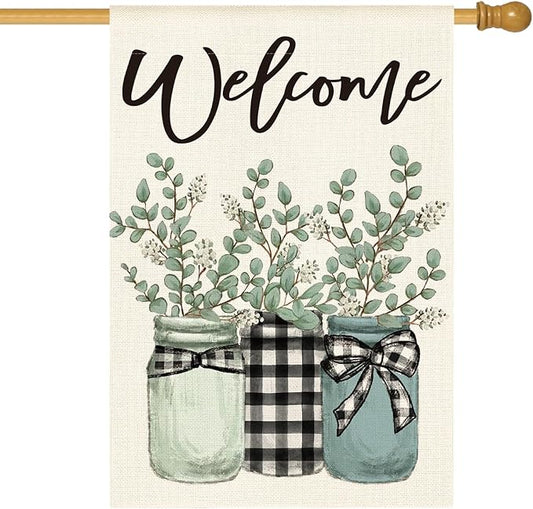 AVOIN colorlife Eucalyptus Mason Jar Spring Summer House Flag 28x40 Inch Double Sided Outside, Buffalo Plaid Welcome Yard Outdoor Flag