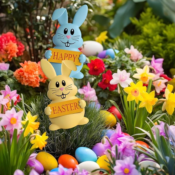 Qunclay Set of 4 Metal Easter Bunny Yard Signs Cute Rabbit Garden Stakes 13.4 Inch Colorful Bunny Yard Decorations in Pink Blue Yellow Green Easter Party Spring Outdoor Lawn Front Door Home Decor