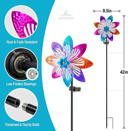 Solar Wind Spinners Outdoor, Metal Wind Sculptures & Kinetic Spinners with Optical Fiber, Garden Spinner Windmills for Yard Decor, Patio Backyard Lawn Decorations, Gifts for Family Friends