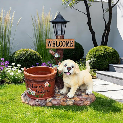 Solar Garden Statue with Planter & Solar Lantern, Outdoor Resin Animal Sculpture, Waterproof Yard Lawn Decor Pot for Succulents, Front Porch Ornament Housewarming Gift (Labrador Retriever Puppy)