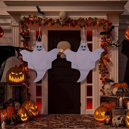 Skylety 4 Pcs 32 Inch Outdoor Halloween Ghost Decorations Tree Hanging Windsock White Flying Ghosts for Indoor Outdoor Tree Front Yard Porch Lawn Garden Pillar Party Decorations (Classic Style)