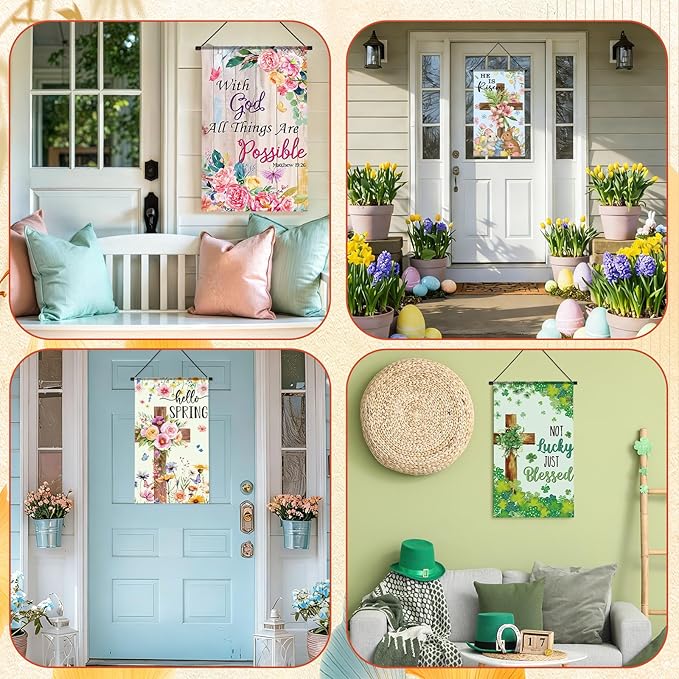 Tegeme 12 Pcs Christian Seasonal Garden Flags Set Hello Spring Door Banner Decorations Religious Cross Door Hanger 12 x 20 Inch 4th of July Hanging Flag for Outside Party Outdoor Indoor