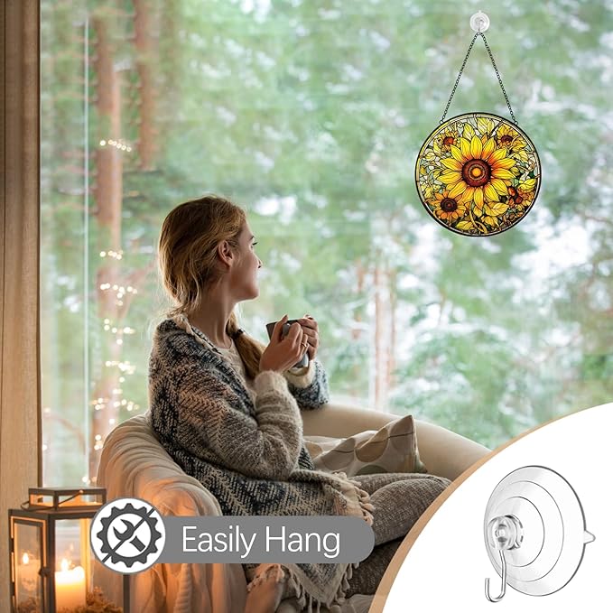 Sunflower Sun Catcher Stained Glass Window Hanging - Flower Sun Catchers Ornaments for Kitchen Door Home Garden Decor - Handmade Suncatchers Glass Panel - Mothers Day Birthday Gifts for Mom Grandma