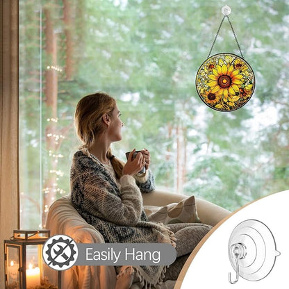 Sunflower Sun Catcher Stained Glass Window Hanging - Flower Sun Catchers Ornaments for Kitchen Door Home Garden Decor - Handmade Suncatchers Glass Panel - Mothers Day Birthday Gifts for Mom Grandma