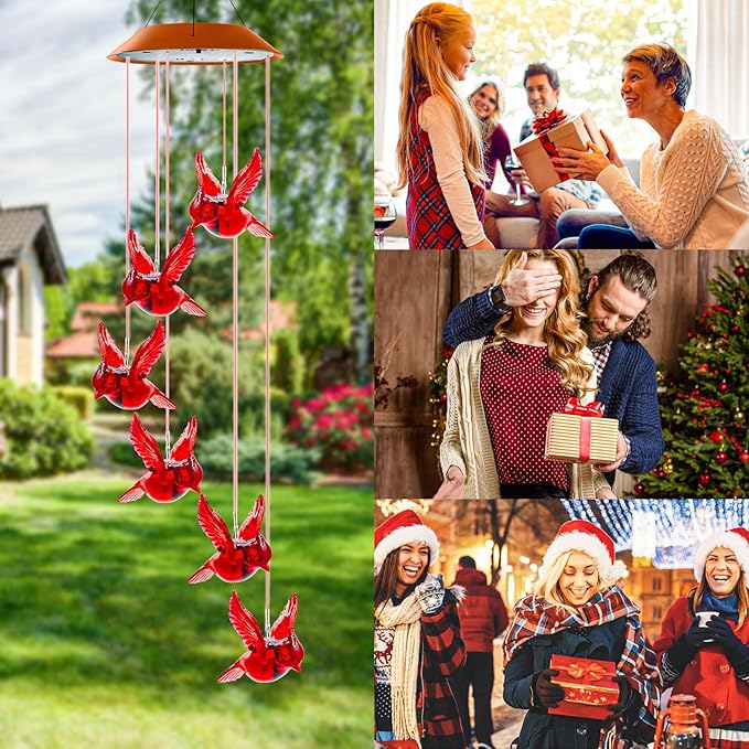 Cardinal Solar Wind Chimes for Outside, Cardinal Wind Chimes Gifts for Mom Grandma Women Wife Girls, IP65 Waterproof Hanging Memorial Red Bird LED Lights for Holiday Garden Yard Window Outdoor Decor