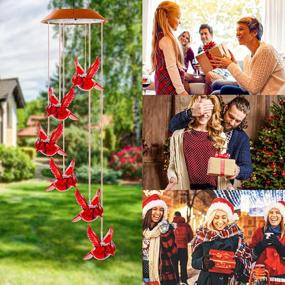 Cardinal Solar Wind Chimes for Outside, Cardinal Wind Chimes Gifts for Mom Grandma Women Wife Girls, IP65 Waterproof Hanging Memorial Red Bird LED Lights for Holiday Garden Yard Window Outdoor Decor