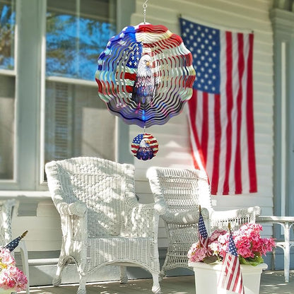 American Eagle Wind Spinner - 3D Stainless Steel Wind Spinners Outdoor Flag Pattern Kinetic Art Spinning Decor 12 Inch 250 Anniversary Hanging Ornaments for Patio Lawn Garden Yard Balcony
