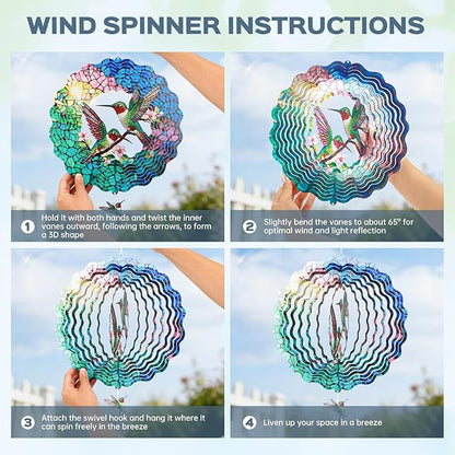 Hummingbird Wind Spinners Outdoor, IDEA SHOW 12In Stainless Steel Wind Spinners Outside, 3D Kinetic Hanging Spinners Sculpture for Women Mom, Metal Garden Decor Ornaments for Patio Yard Art