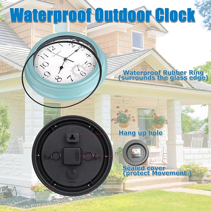 Crosstime 12 Inch Outdoor Clock Waterproof with Thermometer,Vintage Indoor Outdoor Wall Clocks for Patio, Pool, Garden, Bathroom Wall Decor - Teal