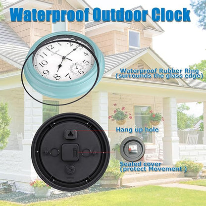 Crosstime 12 Inch Outdoor Clock Waterproof with Thermometer,Vintage Indoor Outdoor Wall Clocks for Patio, Pool, Garden, Bathroom Wall Decor - Teal