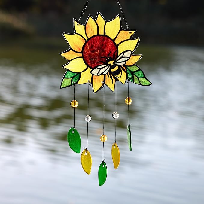 Stained Glass Suncatcher, Sunflower and Ladybug Window Hanging, 20 x 8 inches, Hand-Painted (Style 2)