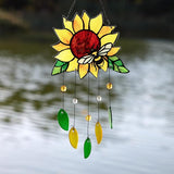 Stained Glass Suncatcher, Sunflower and Ladybug Window Hanging, 20 x 8 inches, Hand-Painted (Style 2)