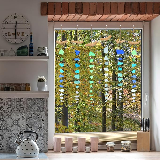 Weysat 6 Pcs Sea Glass Wind Chimes for Outside, Beach Gifts Coastal Decor Wind Chimes with Wooden Hanger, Boho Gifts for Mom Women, Hanging Beachy Decor for Home Wall Outdoor Garden Decorations