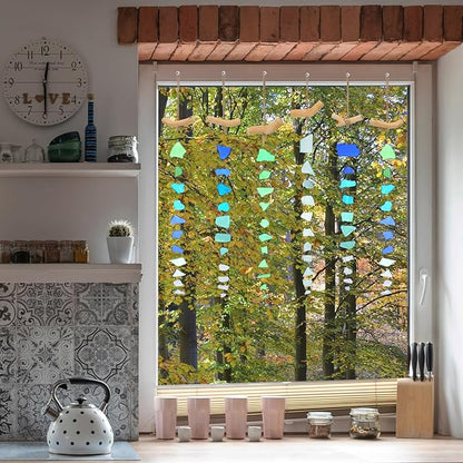 Weysat 6 Pcs Sea Glass Wind Chimes for Outside, Beach Gifts Coastal Decor Wind Chimes with Wooden Hanger, Boho Gifts for Mom Women, Hanging Beachy Decor for Home Wall Outdoor Garden Decorations