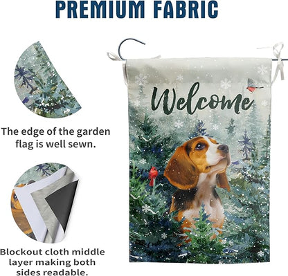 Welcome Winter Garden Flags Beagle Garden Flag Cardinal Birds on Snowy Pine Tree Flag Dog Yard Flags for Outside 12x18 Double Sided Christmas Decorative