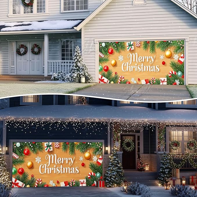 IVN Christmas Garage Door Cover Decoration 13x6ft Wood Texture Pine Garlands Gifts Candy Canes Merry Christmas Winter Garage Door Banner Home Door Front Yard Decor for Xmas Eve Holiday Outdoor