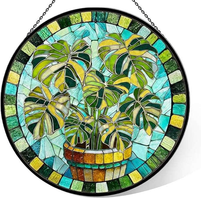 Stained Glass Suncatcher for Window, 7.9" Green Monstera Leaf Sun Catcher Hanging, Colorful Glass Panel Decor for Birthday, Christmas, Housewarming Gifts for Women & Men