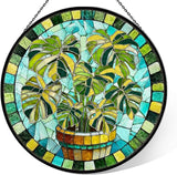 Stained Glass Suncatcher for Window, 7.9" Green Monstera Leaf Sun Catcher Hanging, Colorful Glass Panel Decor for Birthday, Christmas, Housewarming Gifts for Women & Men