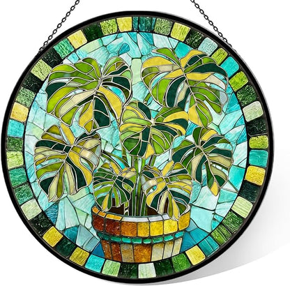 Stained Glass Suncatcher for Window, 7.9" Green Monstera Leaf Sun Catcher Hanging, Colorful Glass Panel Decor for Birthday, Christmas, Housewarming Gifts for Women & Men