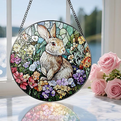 Stained Glass Window Hanging, 8 Inch Rabbit Sun Catcher, Bunny Stained Glass Suncatcher, Window Decor, Gifts for Mothers Day, Birthday, Christmas, Rabbit Lovers Gifts, Gift for Women Mom and Friend