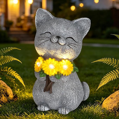 Solar Garden Statues Cat with Daisy and LED Lights Birthday Gifts for Women Mom Grandma Solar Outdoor Cat Decor for Outside,Outdoor Solar Lights for Yard, Garden and Patio, Unique Gift for Women