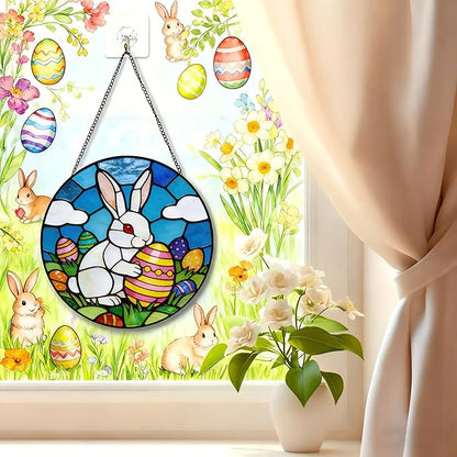 Funoasis Bunny Stained Glass Suncatcher - 6.3 Inches Easter Egg Hanging Window Ornaments for Home and Garden Holidy Gift