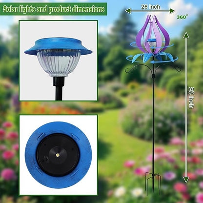 Multi-Functional Yard Wind Spinners with Solar Lights Outdoor Garden,YNGFIL Large Ornaments Outdoor with Double Shepherds Hooks and Coconut Fiber Liner Hanging Planters (83 in)