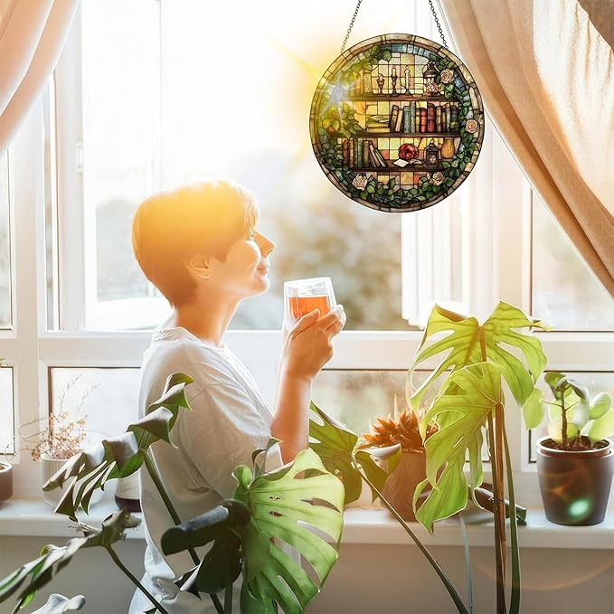 Bimkole Book Stained Glass Suncatcher Window Hanging - Flowers Indoor Window or Doorway Decoration - Handmade Sun Catcher Decor for Garden Home Christmas & Birthday Gifts 7.87x7.87 Inch