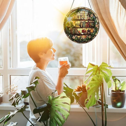 Bimkole Book Stained Glass Suncatcher Window Hanging - Flowers Indoor Window or Doorway Decoration - Handmade Sun Catcher Decor for Garden Home Christmas & Birthday Gifts 7.87x7.87 Inch