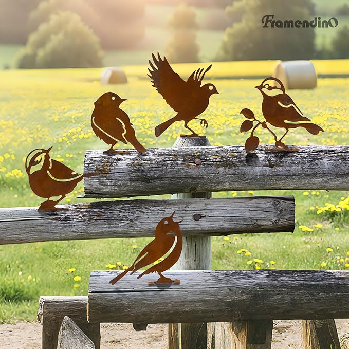 Framendino, 5 Pack Rusty Birds Decoration Metal Yard Art Bird Ornaments Decor for Fence Topper Garden Decorations