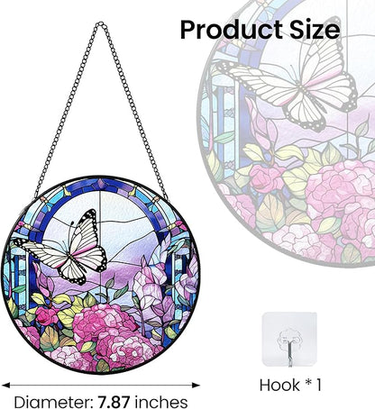 AELS Stained Glass 7.87" Round Suncatcher, Colorful Sun Catcher for Home Garden Window Decor, Window Hanging Ornament Gift for Friends and Family, Butterfly
