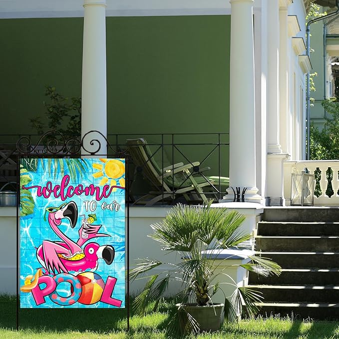 Summer POOL House Flags for Outdoor, Flamingo Welcome to Our POOL Yard Flags for Outside, Swimming Pool Decorative Flag for Farmhouse Party Holiday Decoration 28x40 Inch Double Sided
