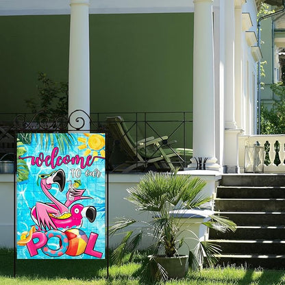 Summer POOL House Flags for Outdoor, Flamingo Welcome to Our POOL Yard Flags for Outside, Swimming Pool Decorative Flag for Farmhouse Party Holiday Decoration 28x40 Inch Double Sided