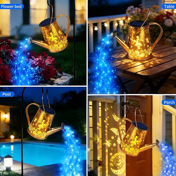 YJFWAL Solar Watering can with Lights, Gardening Gifts for Mothers Day Mom Grandma Women Birthday, Waterproof Watering Can with Cascading Lights Outdoor Decor for Garden Patio Yard Pathway (Blue)