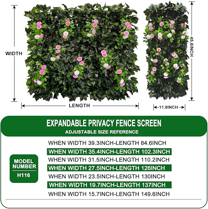 Dense Flowering Ivy Privacy Screen- Realistic Faux Foliage on Expandable Willow Fence for Outdoor, Patio, Balcony Cover & Decorative Shade Panel, UV Protected