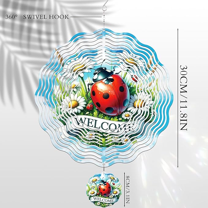 Metal Wind Spinners Outdoor - 3D Ladybug Wind Spinner Flower Yard Decor Kinetic Spinning Hanging Ornaments for Patio Lawn Garden Balcony Chicken Gifts for Women Men Mom Grandma Wife Friends